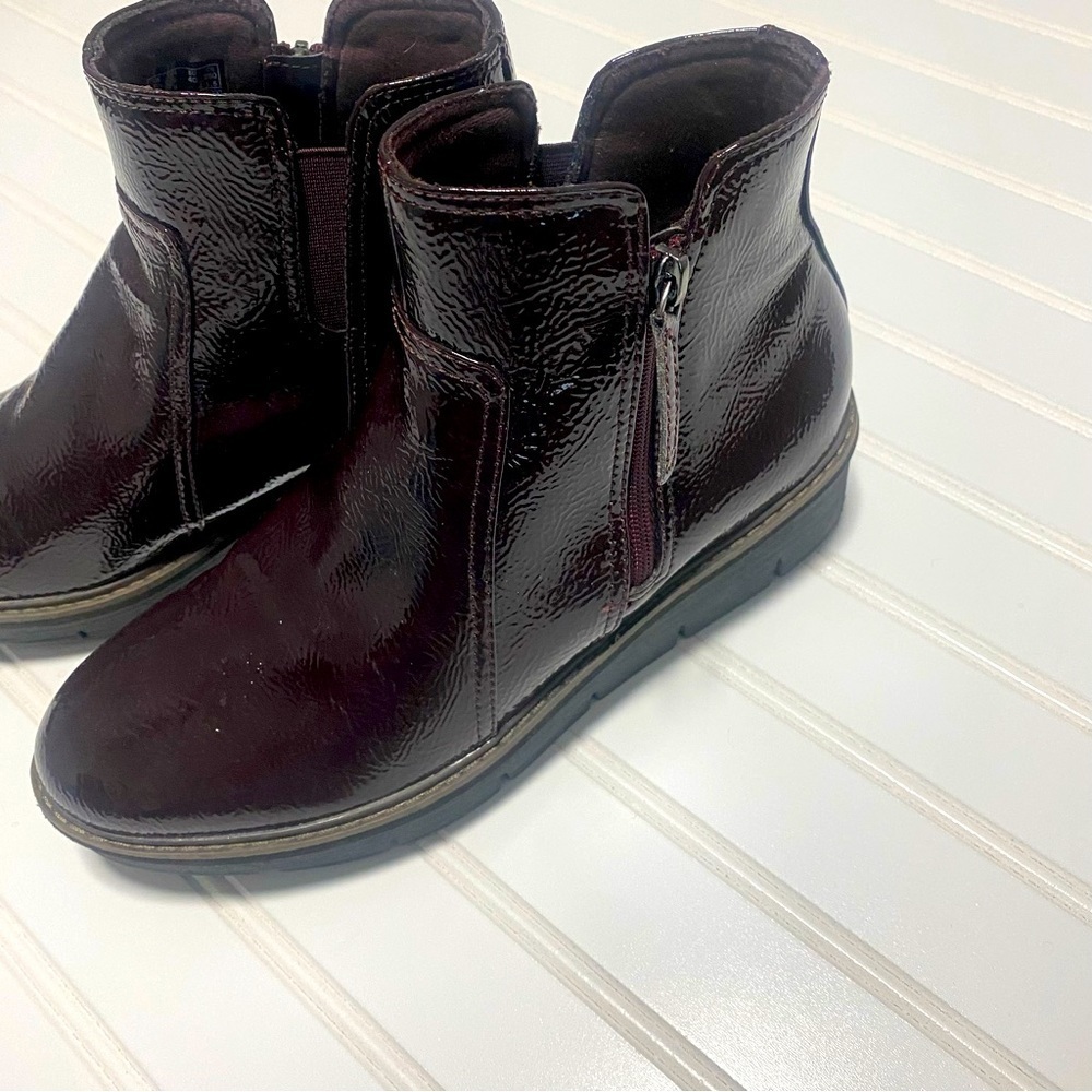 Clarks Airabell Zip Patent Leather Ankle Boots in Deep Wine - Picture 2 of 9